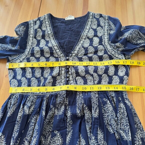 Anokhi Blue Paisley Midi Dress Long Sleeve A line 100% Cotton India Modest S - Picture 4 of 9